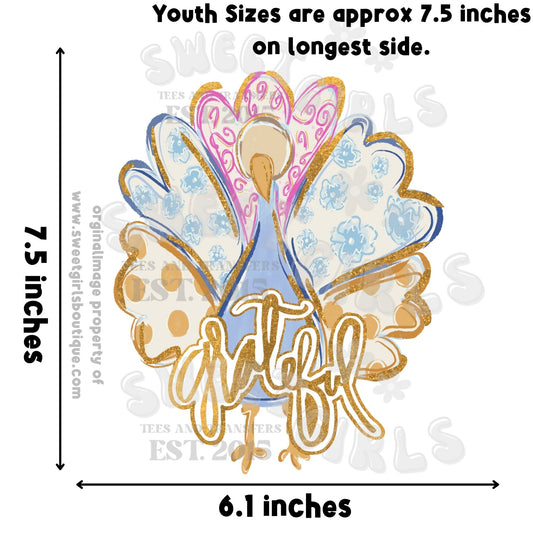 Grateful Turkey DTF Heat Transfer – Kids Thanksgiving Fall Iron-On Shirt Design