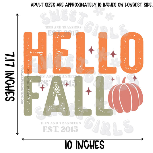 HELLO FALL Heat Transfer – Autumn Pumpkin Skeleton Halloween Shirt Design – Cozy Retro Fall DTF Iron-On for Sweatshirts & Tees