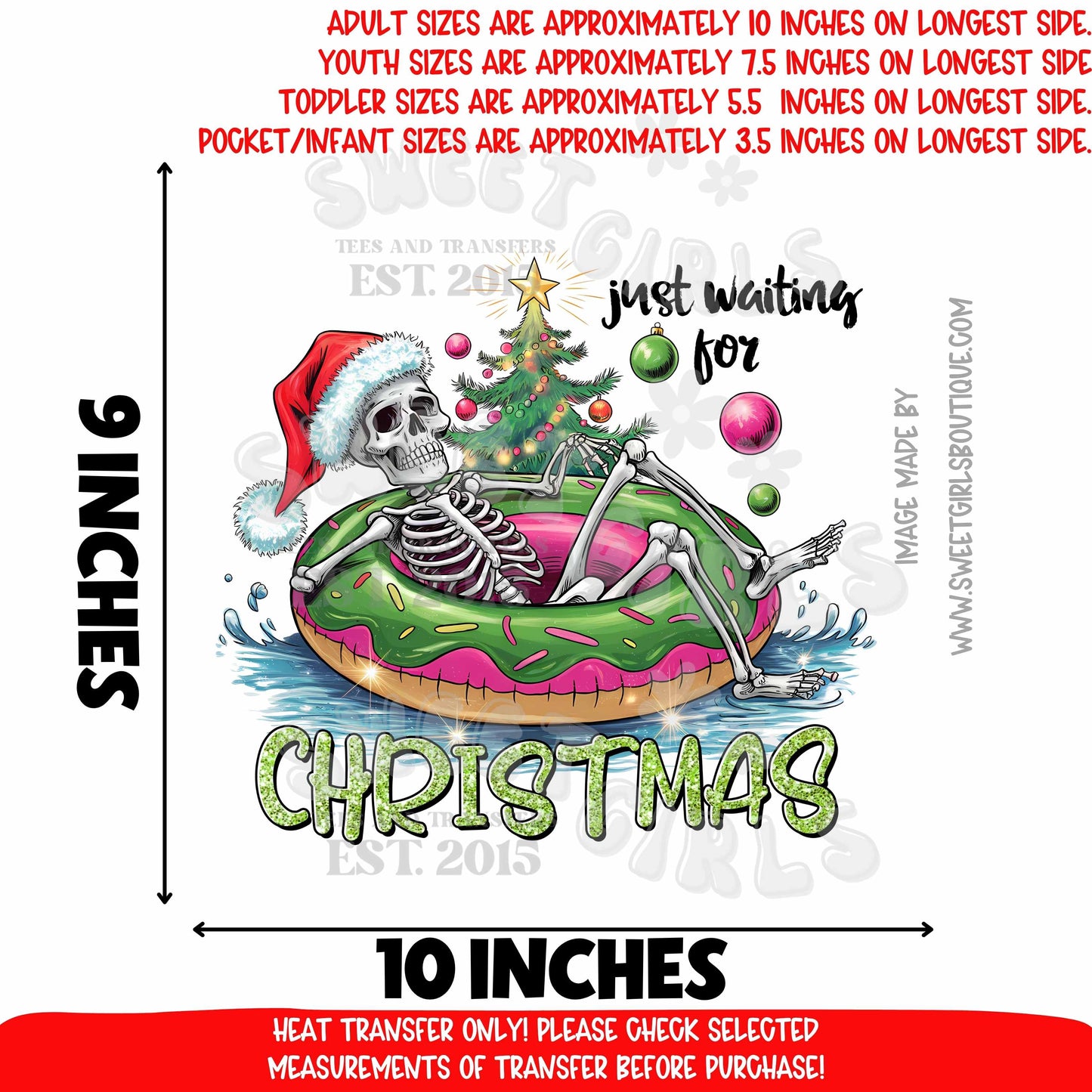 Just Waiting For Christmas DTF Heat Transfer – Funny Skeleton Santa Float – Holiday Humor Iron-On – NOT A SHIRT – Ready To Press Christmas Transfer