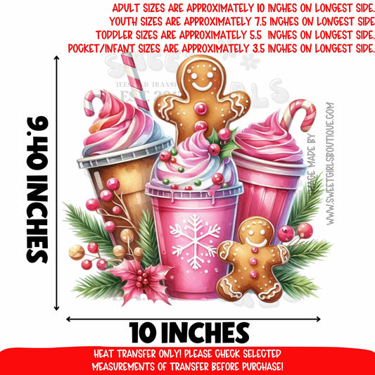 Gingerbread Holiday Drinks DTF Heat Transfer – Hot Cocoa & Coffee Cups – Cute Christmas Bakery Iron-On – NOT A SHIRT – Ready To Press Transfer