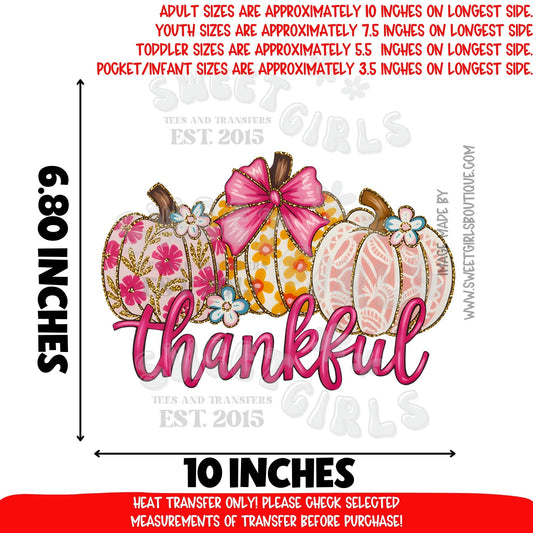 Thankful Pink Pumpkin DTF Heat Transfer – Fall Thanksgiving Bow Pumpkin Design – Ready to Press Cold Peel Iron-On – NOT A SHIRT – Autumn DIY Craft Transfer