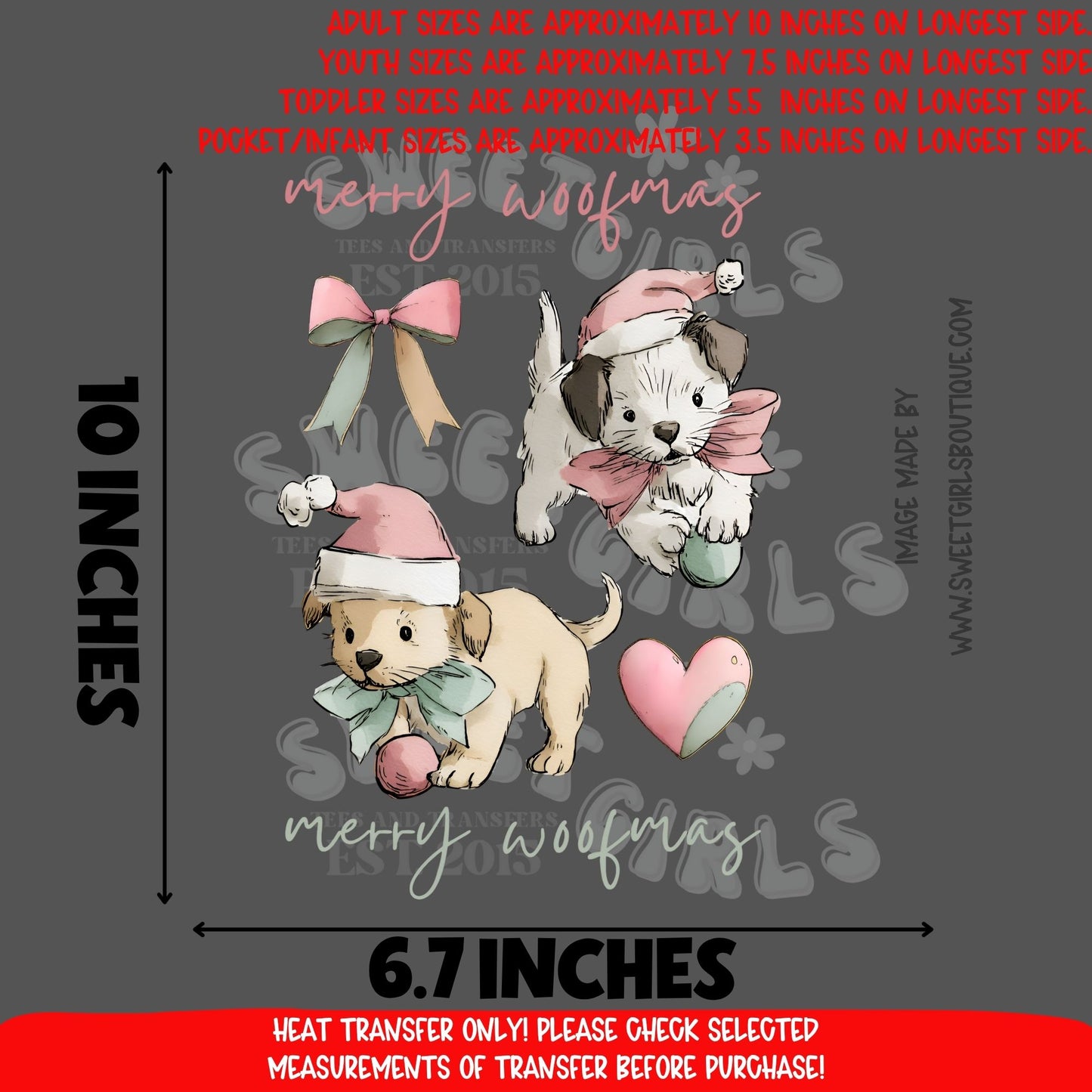 Merry Woofmas Puppy DTF Heat Transfer – Cute Dog Christmas Bow Design – Holiday Pet Lover Iron-On – NOT A SHIRT – Ready to Press Cold Peel Heat Transfer