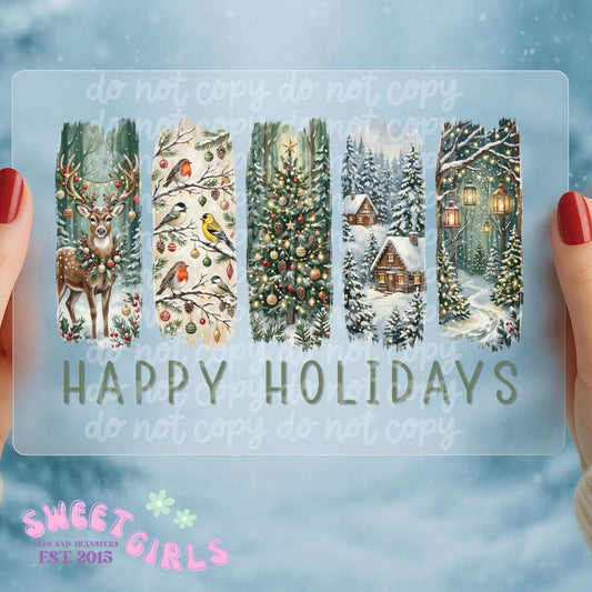 Happy Holidays Winter Deer Birds Christmas Tree Cabin DTF Heat Transfer, Ready To Press, NOT A SHIRT