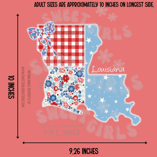 Louisiana State Floral Patchwork Heat Transfer – Ready to Press Patriotic Bow Design – USA Floral Gingham & Stars Iron-On Transfer for Shirts, Bags, and More – Trendy Heat Transfer
