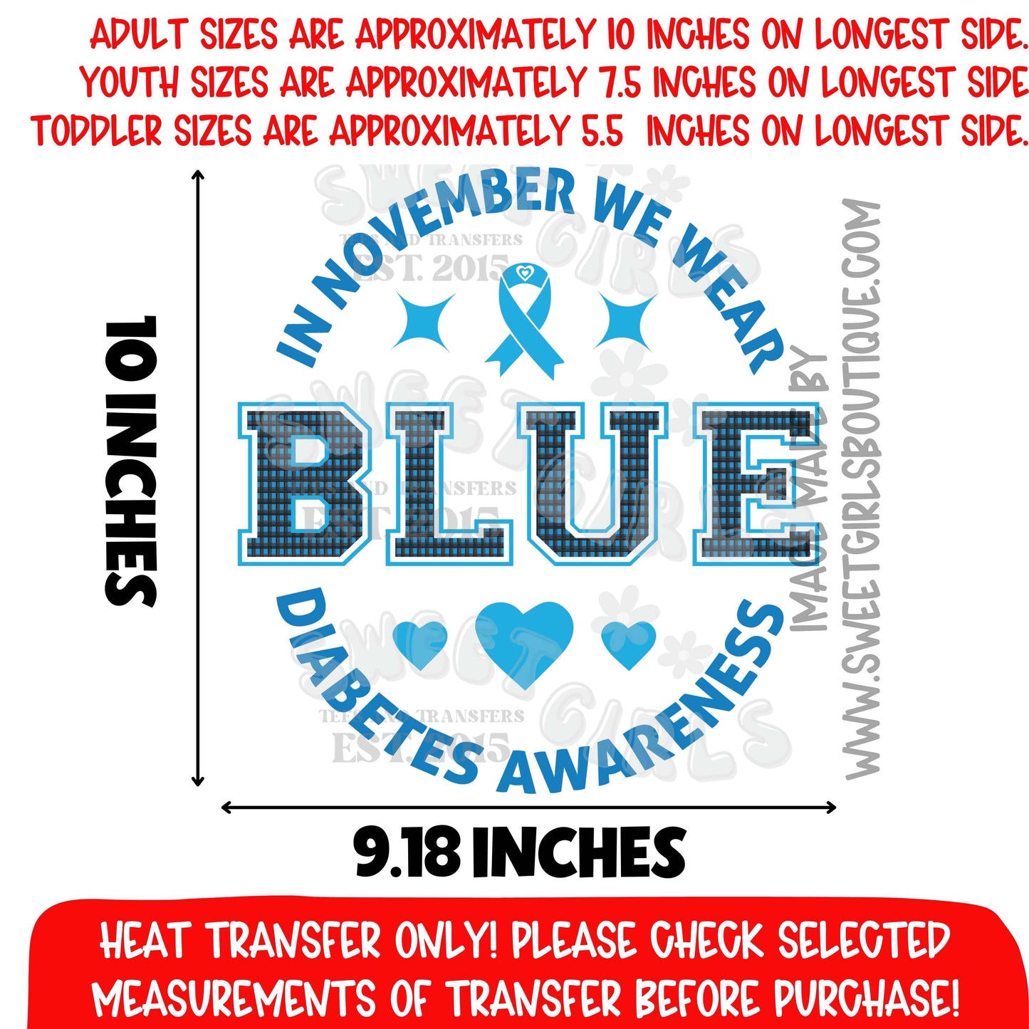 In November We Wear Blue Diabetes Awareness DTF Heat Transfer | Blue Ribbon Iron On