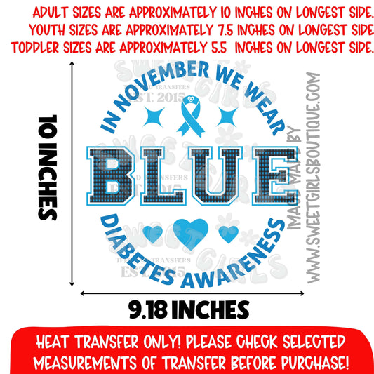 In November We Wear Blue Diabetes Awareness DTF Heat Transfer | Blue Ribbon Iron On