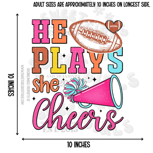 He Plays She Cheers Football Cheerleader DTF Heat Transfer – Game Day Sports Team Spirit Design
