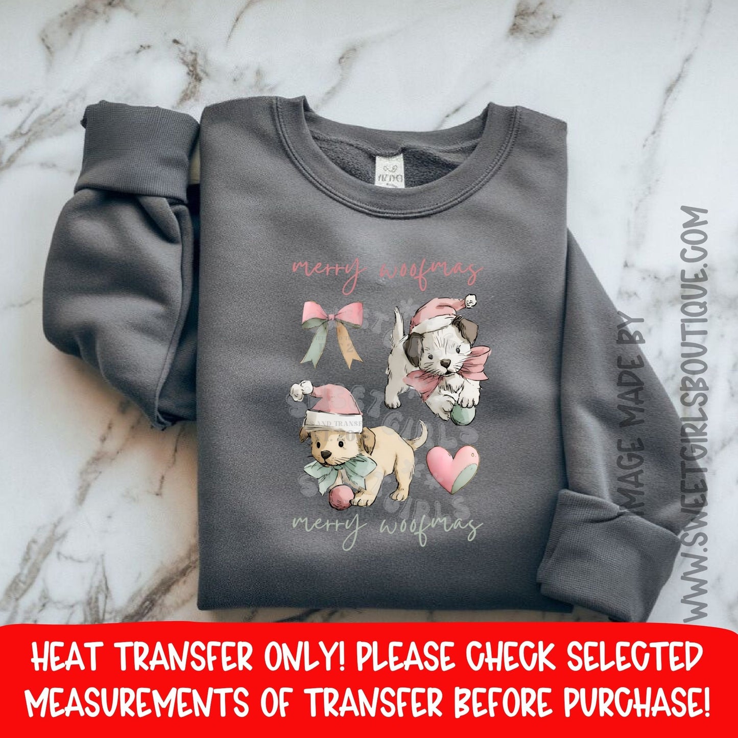 Merry Woofmas Puppy DTF Heat Transfer – Cute Dog Christmas Bow Design – Holiday Pet Lover Iron-On – NOT A SHIRT – Ready to Press Cold Peel Heat Transfer