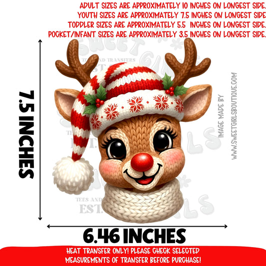 Red Knit Reindeer DTF Heat Transfer – Adorable Christmas Rudolph Sweater Design – NOT A SHIRT – Ready to Press Cold Peel Holiday Iron-On Transfer
