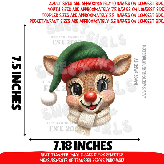 Green Knit Reindeer DTF Heat Transfer – Cozy Christmas Sweater Rudolph Design – Cute Holiday DIY Iron-On – NOT A SHIRT – Ready to Press Cold Peel Transfer