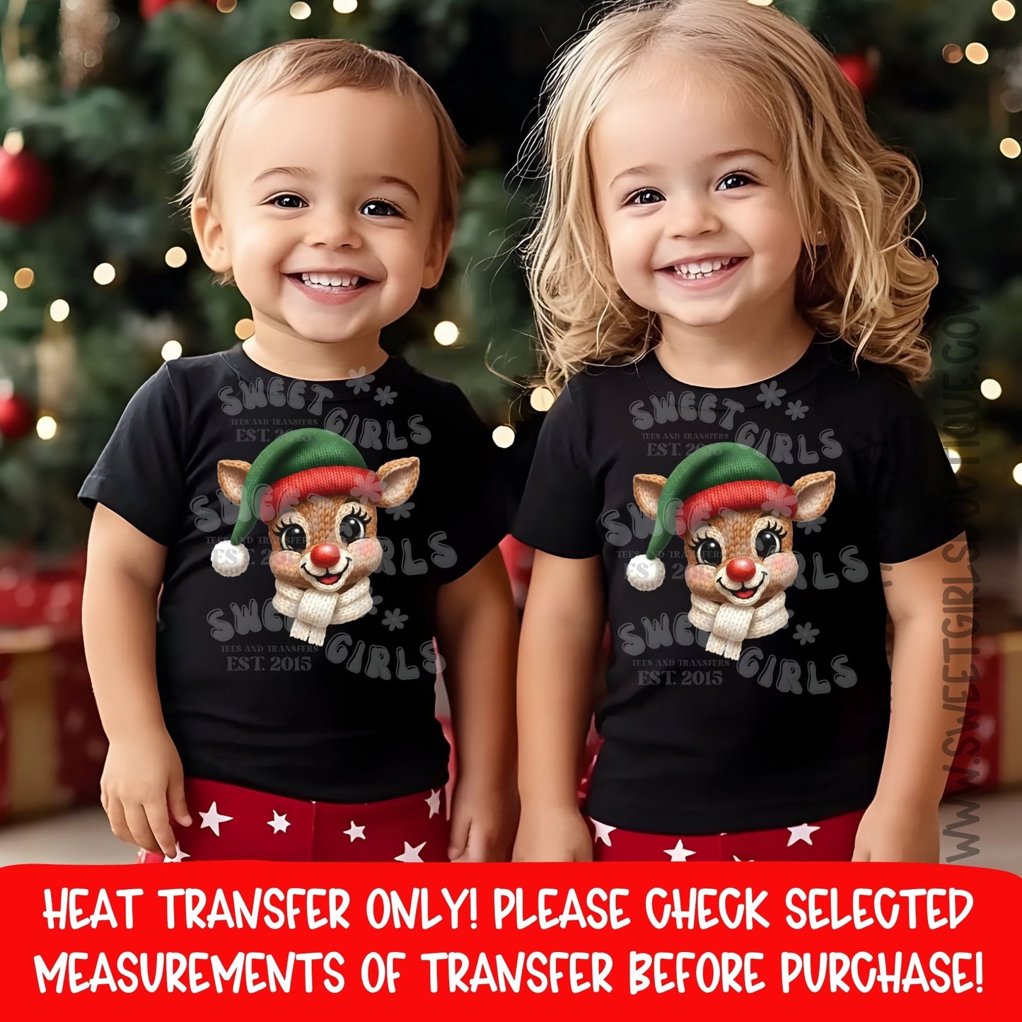 Green Knit Reindeer DTF Heat Transfer – Cozy Christmas Sweater Rudolph Design – Cute Holiday DIY Iron-On – NOT A SHIRT – Ready to Press Cold Peel Transfer