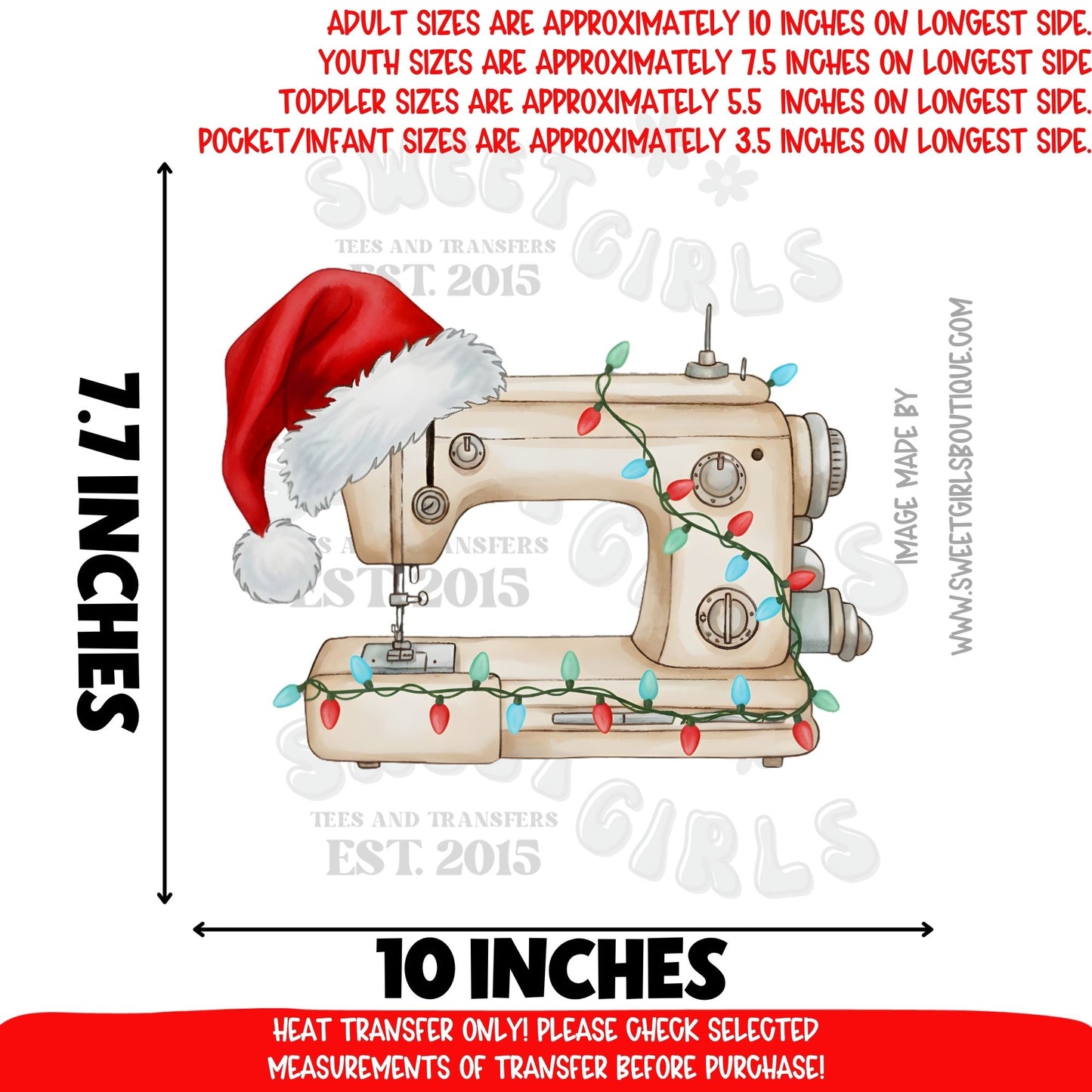 Christmas Sewing Machine DTF Heat Transfer – Santa Hat Sewing Design – Festive Craft Lover Iron-On – NOT A SHIRT – Ready to Press Cold Peel Transfer