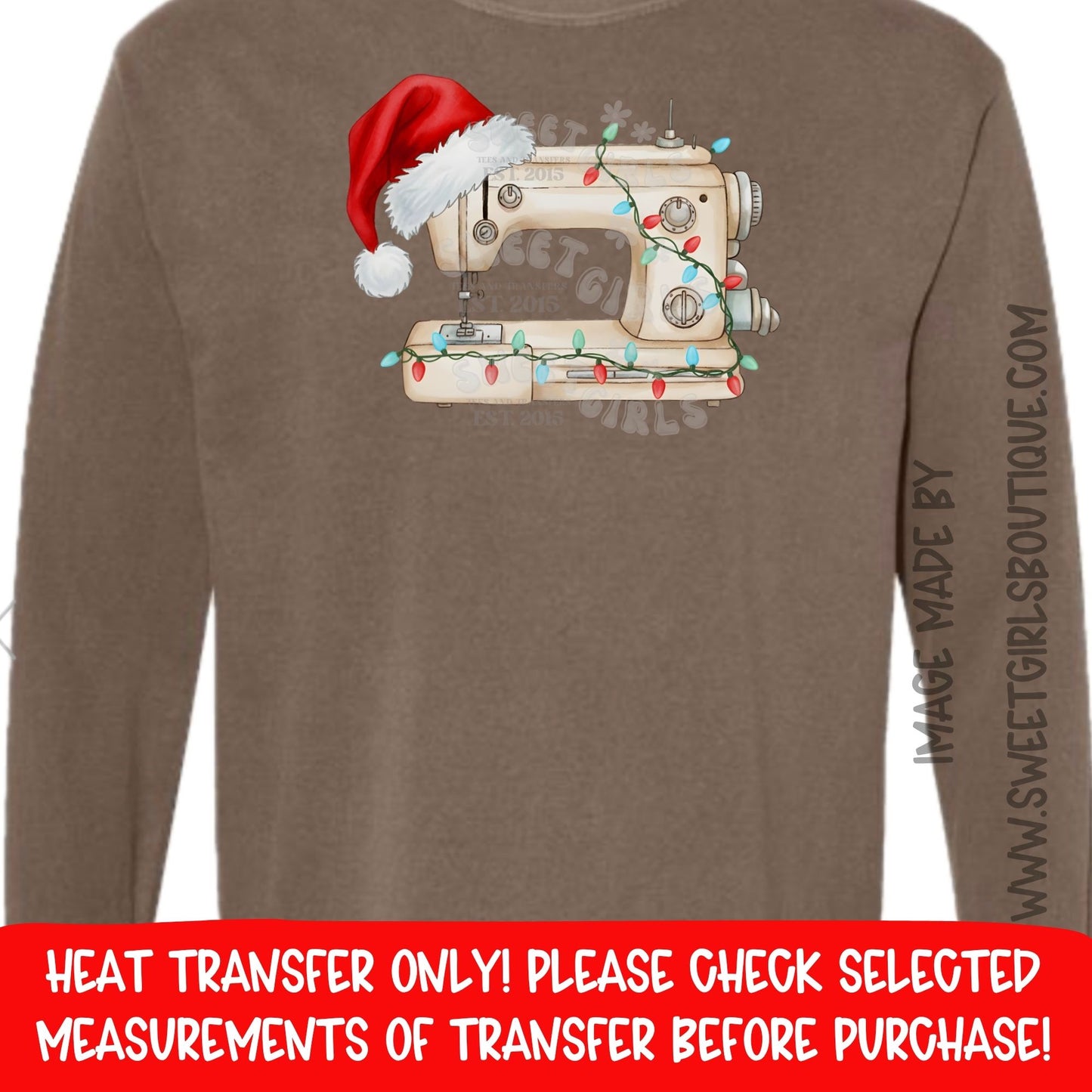 Christmas Sewing Machine DTF Heat Transfer – Santa Hat Sewing Design – Festive Craft Lover Iron-On – NOT A SHIRT – Ready to Press Cold Peel Transfer