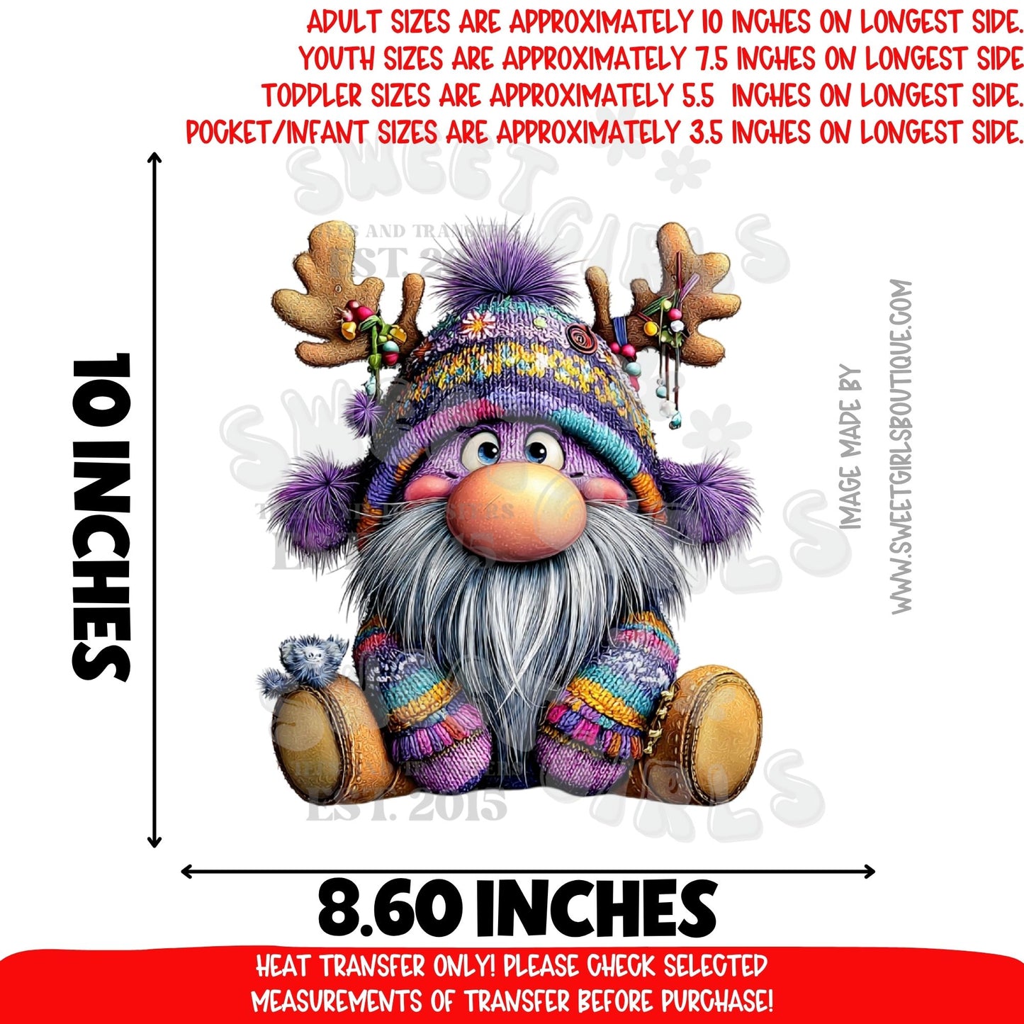 Colorful Knit Reindeer Gnome DTF Heat Transfer – Cozy Christmas Nordic Gnome Design – Cute Holiday Iron-On – NOT A SHIRT – Ready to Press Cold Peel Transfer