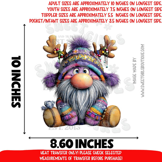 Colorful Knit Reindeer Gnome DTF Heat Transfer – Cozy Christmas Nordic Gnome Design – Cute Holiday Iron-On – NOT A SHIRT – Ready to Press Cold Peel Transfer