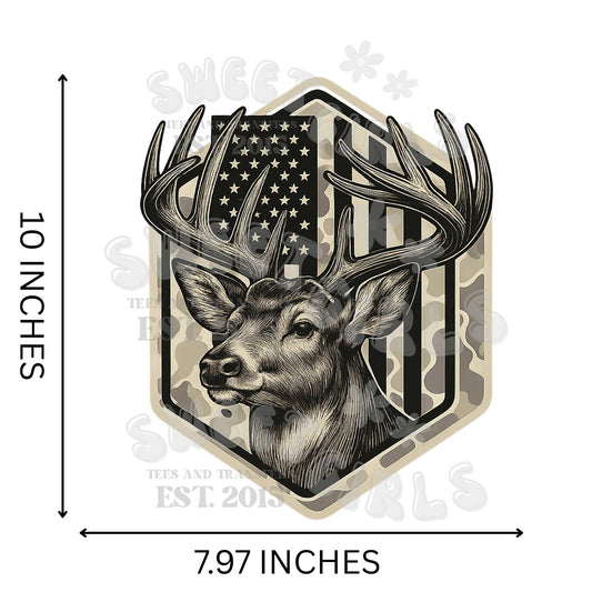 Patriotic Buck Badge – Rustic Deer Head and Camo Patch Heat Transfer – Direct to Film (DTF) Iron-On for Shirts, Jackets & Bags