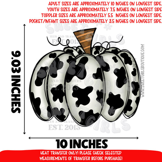 Cow Print Pumpkin DTF Heat Transfer - Fall Farmhouse Western Pumpkin Shirt Print for Adults, Youth, Toddler, Pocket Sizes