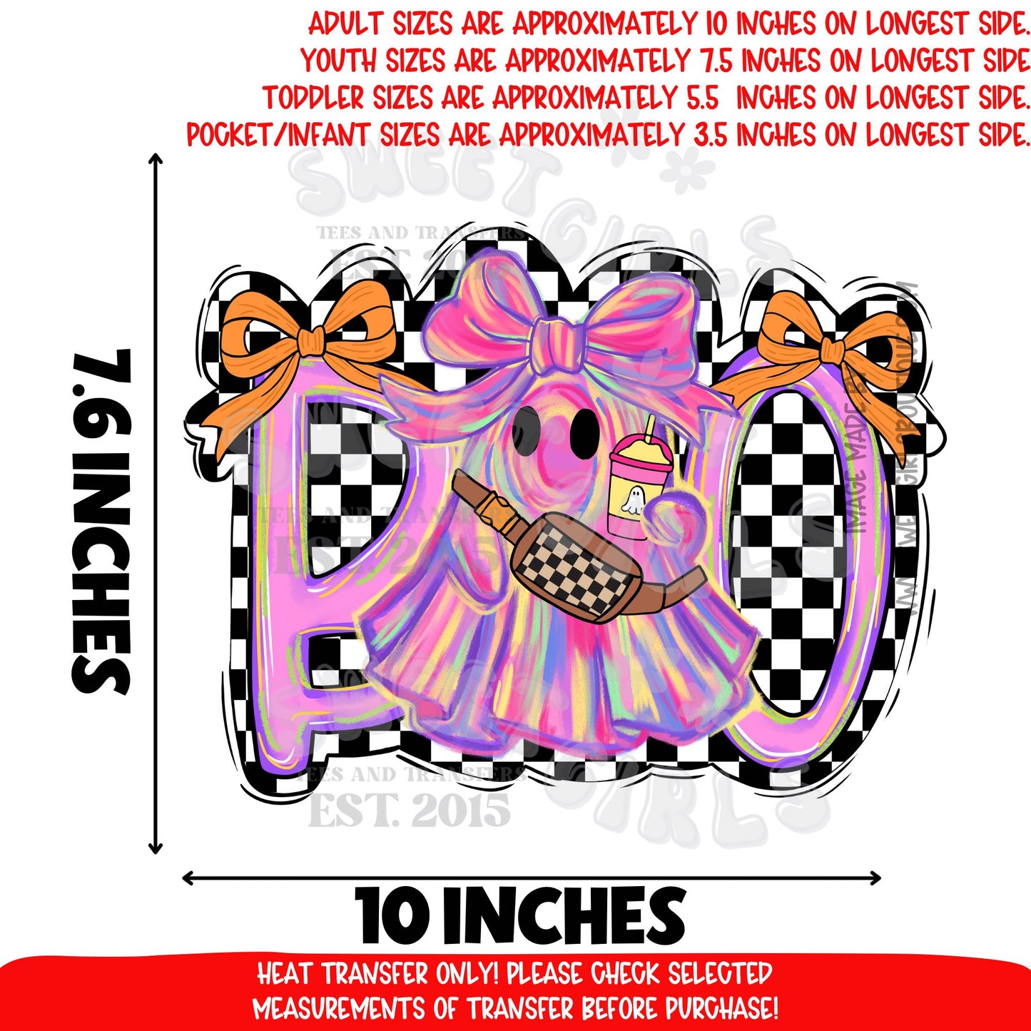 Pink Boo Ghost Checkered Bow DTF Heat Transfer – Cute Halloween Shirt Iron On