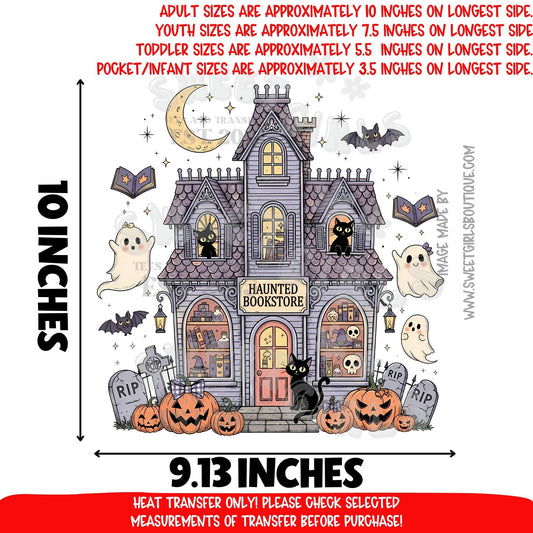 Haunted Bookstore Halloween DTF Heat Transfer | Spooky Ghosts Pumpkins Cats Bats Iron-On | Cute Vintage Haunted House Applique