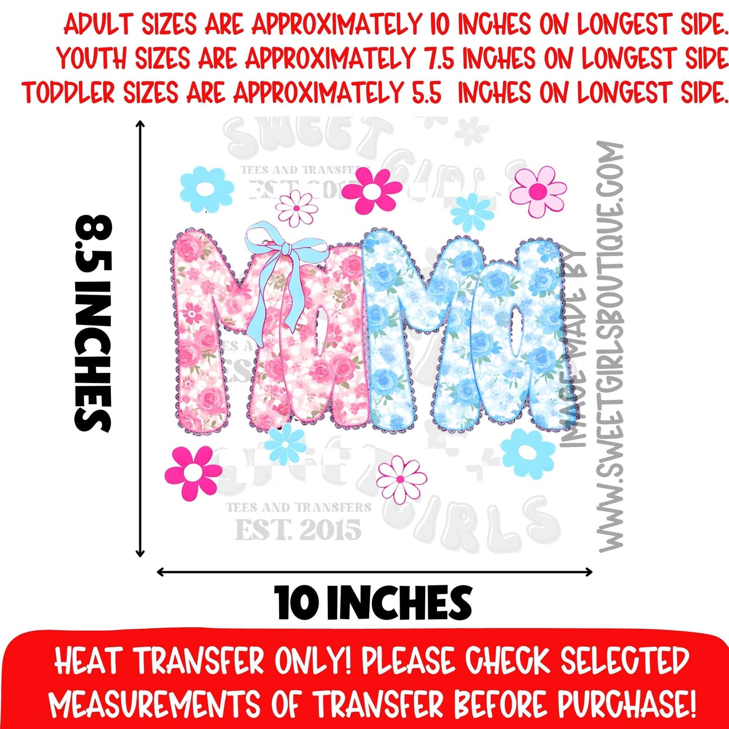 Mama Floral Blue Pink DTF Heat Transfer Not A Shirt