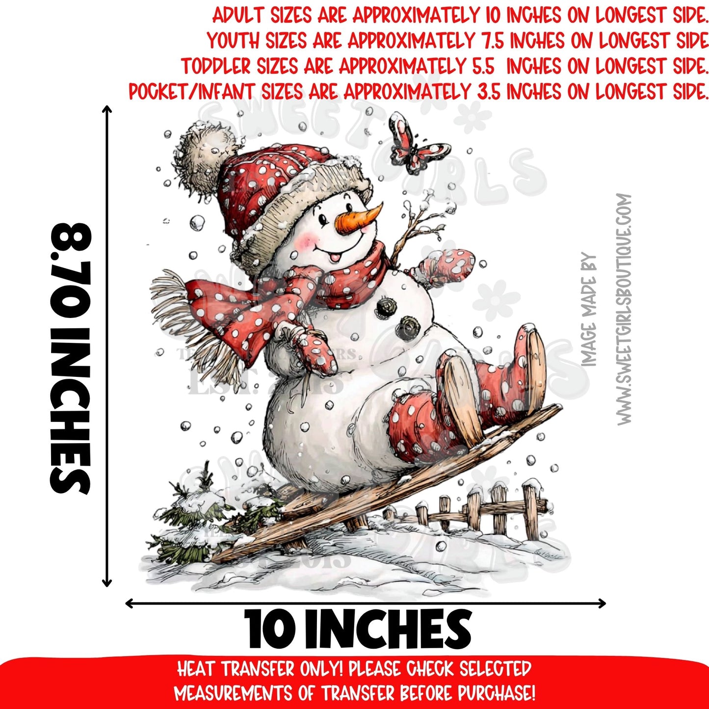 Snowman Sled Ride DTF Heat Transfer – Vintage Christmas Snow Scene Design – Cute Holiday Iron-On – NOT A SHIRT – Ready to Press Cold Peel Transfer