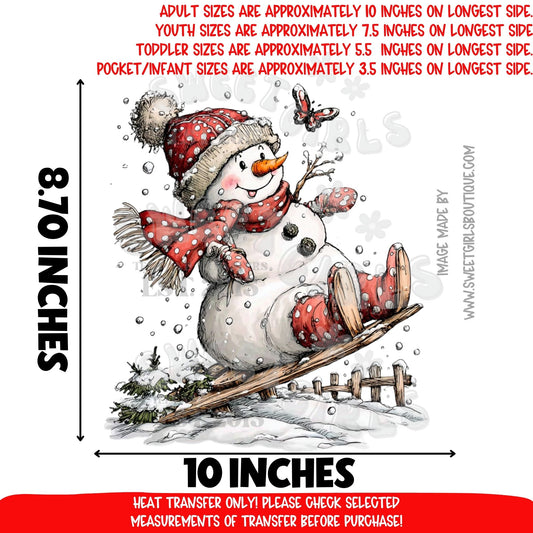 Snowman Sled Ride DTF Heat Transfer – Vintage Christmas Snow Scene Design – Cute Holiday Iron-On – NOT A SHIRT – Ready to Press Cold Peel Transfer