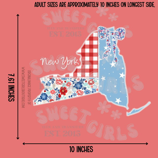 New York State Floral Patchwork Heat Transfer – Ready to Press Patriotic Bow Design – USA Floral Gingham & Stars Iron-On Transfer for Shirts, Bags, and More – Trendy Heat Transfer