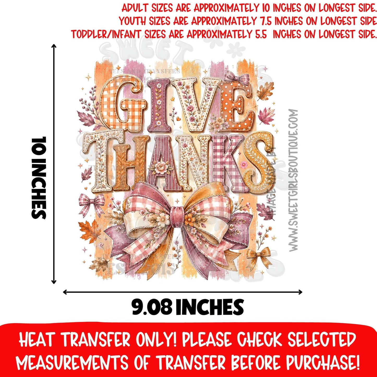 Give Thanks Fall Coquette Bow Thanksgiving DTF Heat Transfer, Ready To Press, NOT A SHIRT