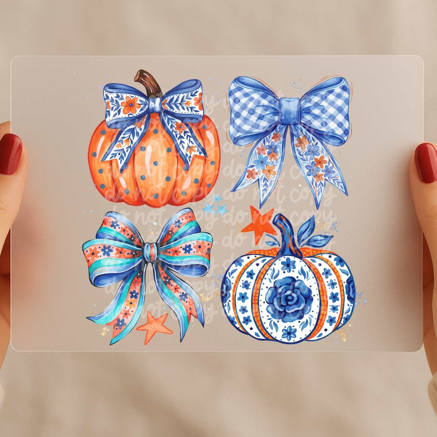 Blue Floral Pumpkin Bow Fall Coquette DTF Heat Transfer, Ready To Press, NOT A SHIRT