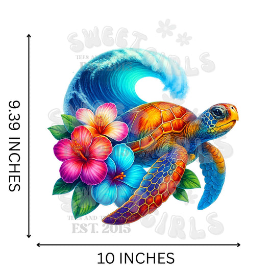 Tropical Sea Turtle with Hibiscus Flowers – Vibrant Beach Heat Transfer – Direct to Film DTF Iron-On Sticker for Summer Shirts, Bags, and Decor