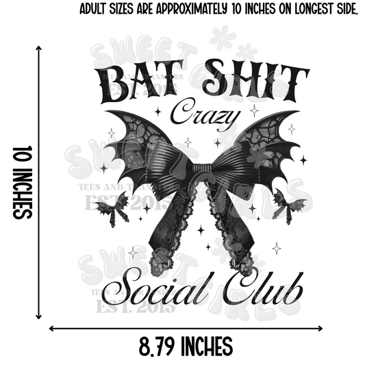 Bat Sh*t Crazy Social Club Heat Transfer – Ready to Press Gothic Halloween Bow with Bat Wings for Shirts, Sweatshirts, Bags & More – Washable Iron-On Transfer, Bold Trendy Print for DIY Projects