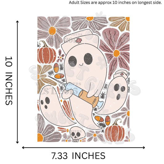 Boho Spooky Nurse Ghost DTF Transfer – Halloween Fall Flowers Medical Ready to Press