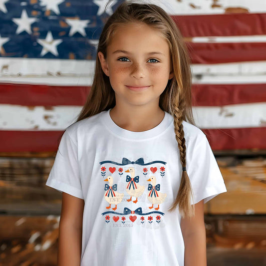 Patriotic Duck Trio Shirt – Adult & Youth Sizes – 4th of July Farm Animal Tee – Red White Blue Cotton Shirt – USA Summer Parade Outfit - White Shirt