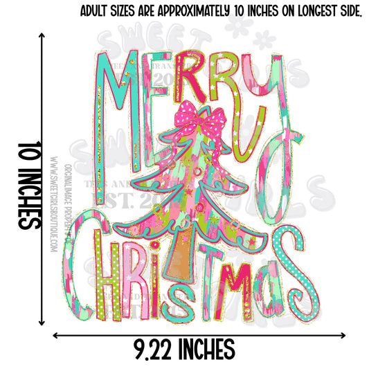 Merry Christmas Pastel Tree Heat Transfer – Pink Bow Holiday DTF Iron-On for DIY Shirts