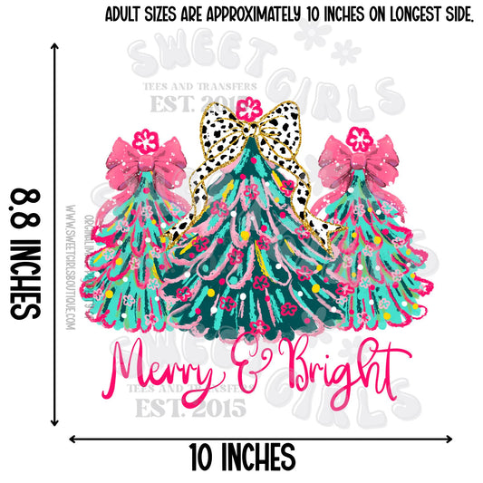 Merry & Bright Leopard Bow Christmas Tree Heat Transfer – Girly Pink DTF Iron-On for Holiday Shirts