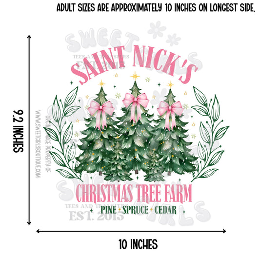 Saint Nick’s Christmas Tree Farm DTF Transfer – Pine Spruce Cedar Pink Bow Vintage Holiday Print – Heat Press or Iron-On