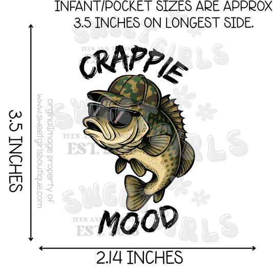 Crappie Mood DTF Heat Transfer – Funny Fishing Fish with Camo Hat and Shades