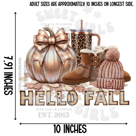 Hello Fall Cozy Aesthetic DTF Transfer – Pumpkin Tumbler Beanie – Neutral Autumn Vibes Iron-On Design