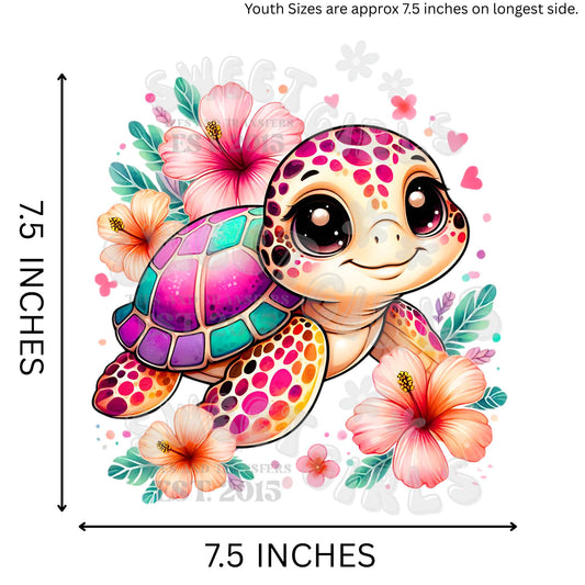 Cute Pink Sea Turtle DTF Transfer – Adorable Baby Turtle with Hibiscus Flowers Iron-On – Ready to Press Heat Transfer for Summer Shirts & Kids Apparel