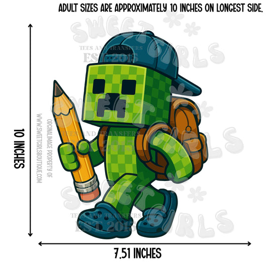 Pixel Back to School DTF Heat Transfer – Gamer Boy Creeper Pencil Print for Kids Tees
