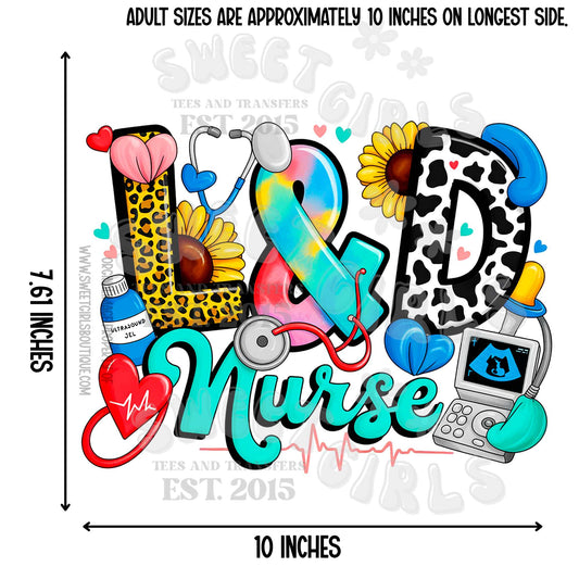 L&D Nurse DTF Heat Transfer – Labor and Delivery Themed Colorful Medical Shirt Print for Nurses