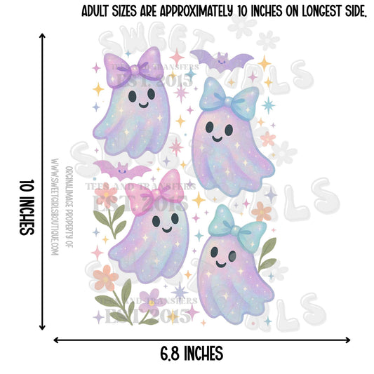 Pastel Ghosts with Bows Halloween Girls DTF Heat Transfer – Cute Girly Spooky Season Shirt Print