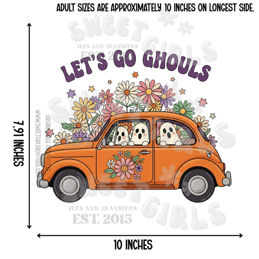 Let’s Go Ghouls Halloween Ghosts in Car Floral Fall DTF Heat Transfer – Retro Spooky Cute Shirt Print