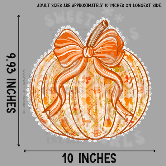 Fall Pumpkin with Lace Bow DTF Heat Transfer – Vintage Orange Autumn Graphic | Iron-On for Fall Tees & Thanksgiving Apparel