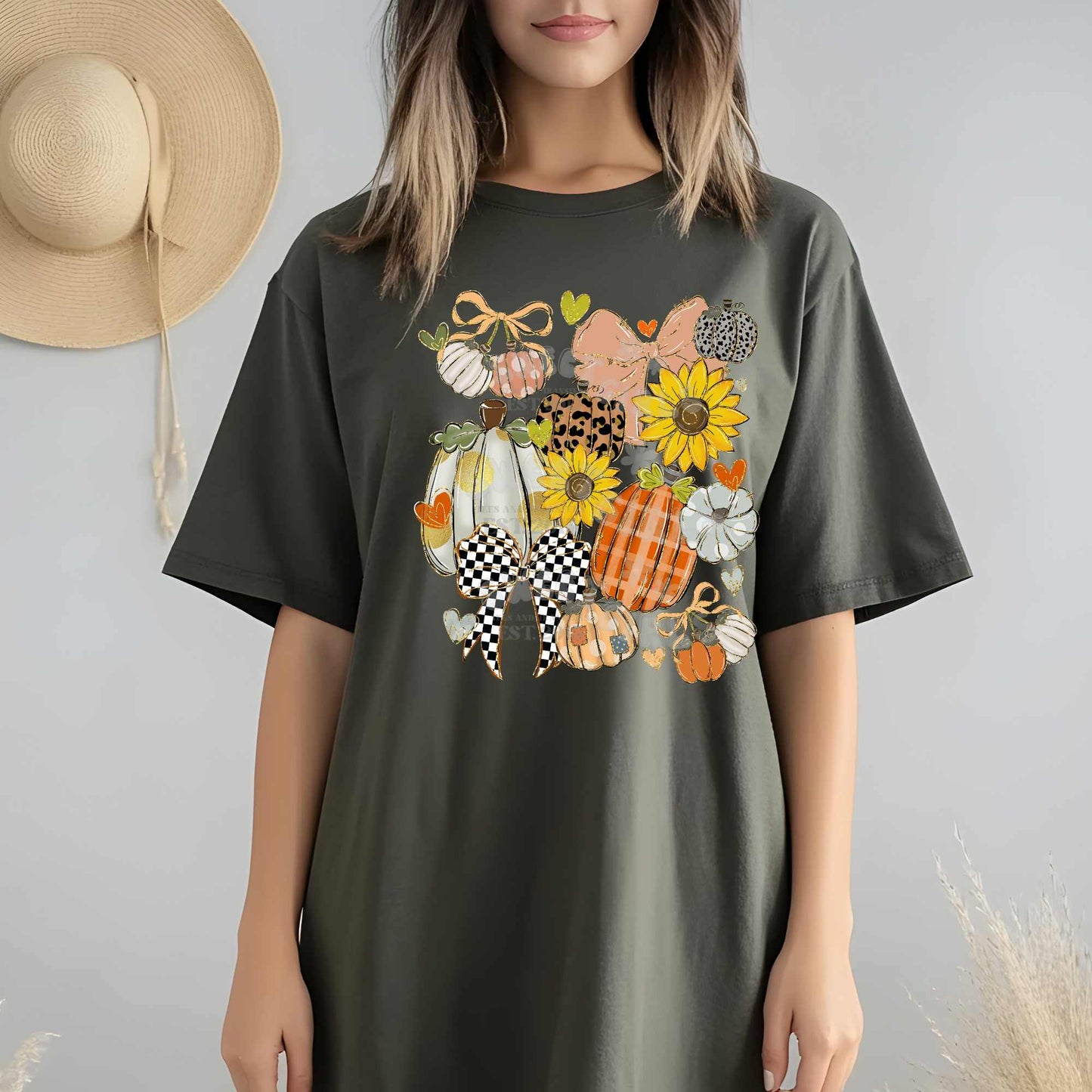 Fall Pumpkins & Sunflowers DTF Heat Transfer – Harvest Bow Patchwork Graphic | Iron-On for Autumn Shirts & Thanksgiving Looks