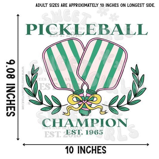 Pickleball Champion Vintage Paddle DTF Heat Transfer – Sporty Pink & Green Print | Iron-On for Athletic Tees & Court Style