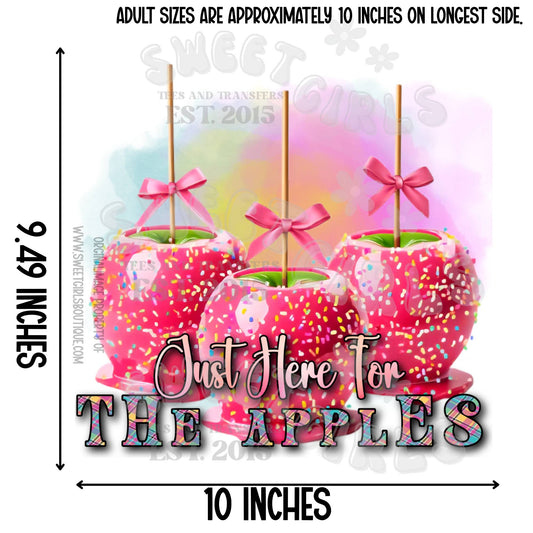 Just Here for the Apples DTF Transfer – Pink Candy Apple Fall Fair Shirt – Colorful Sprinkle Sweet Autumn Iron-On Design
