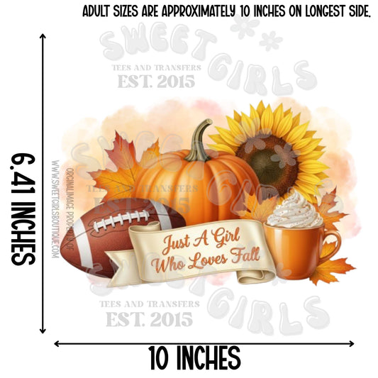 Just a Girl Who Loves Fall DTF Transfer – Pumpkin Football Sunflower Autumn Shirt – Cozy Latte Iron-On Print