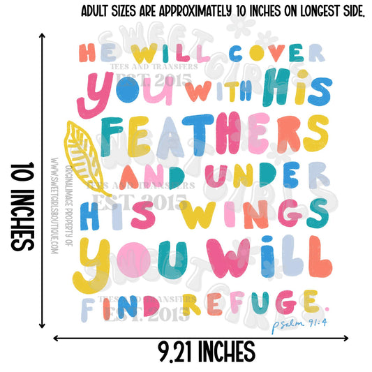 He Will Cover You DTF Transfer – Psalm 91:4 Feather Scripture Shirt – Bright Colorful Christian Iron-On