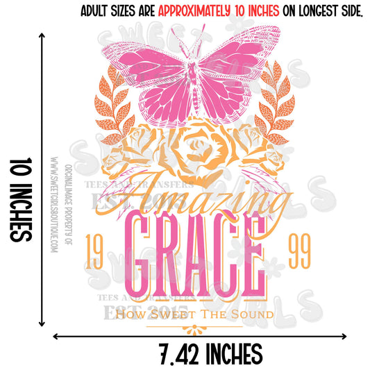 Amazing Grace Butterfly DTF Transfer – Pink and Orange Floral Christian Shirt – How Sweet the Sound Faith Design